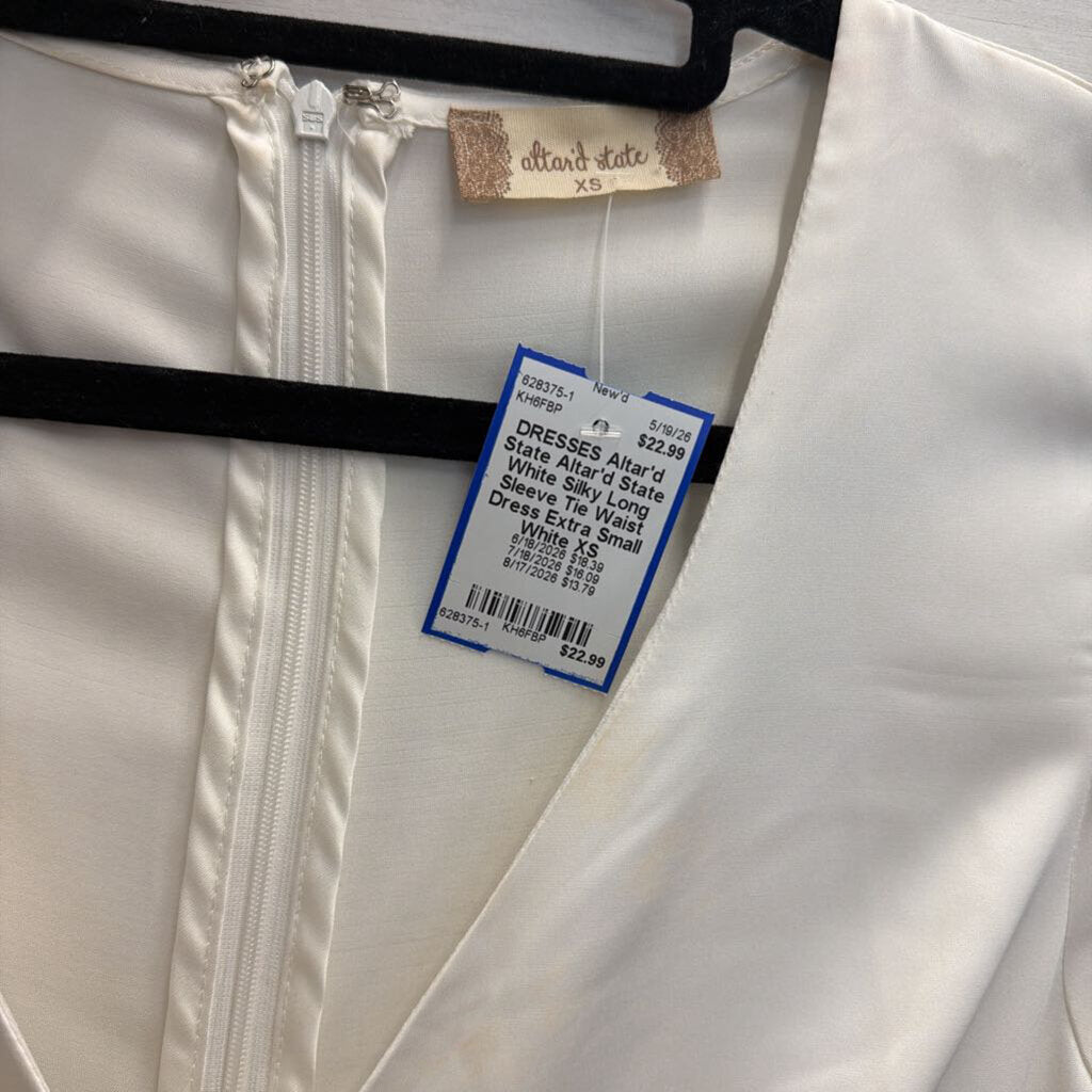 Altar'd State White Silky Long Sleeve Tie Waist Dress Extra Small