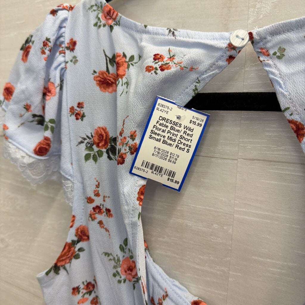 Blue/ Red Floral Print Short Sleeve Midi Dress Small