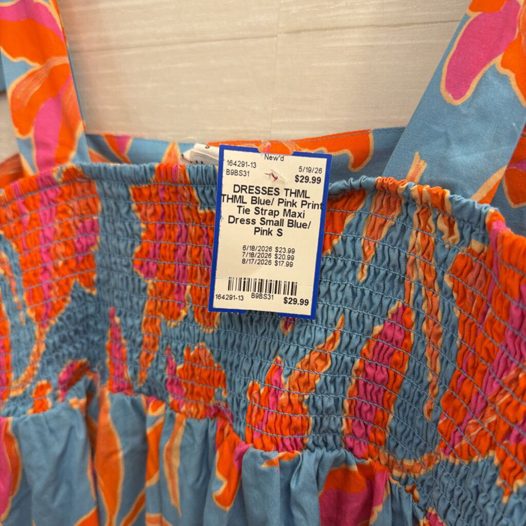 THML Blue/ Pink Print Tie Strap Maxi Dress Small