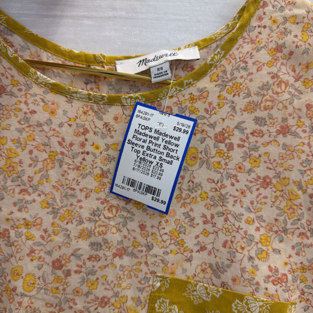 Madewell Yellow Floral Print Short Sleeve Button Back Top Extra Small