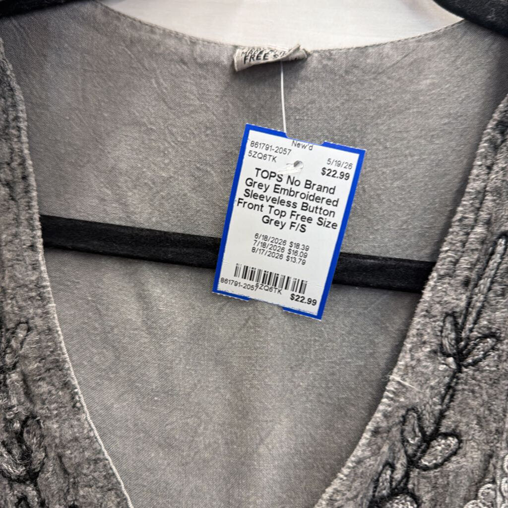 Grey Embroidered Sleeveless Button Front Top Free Size