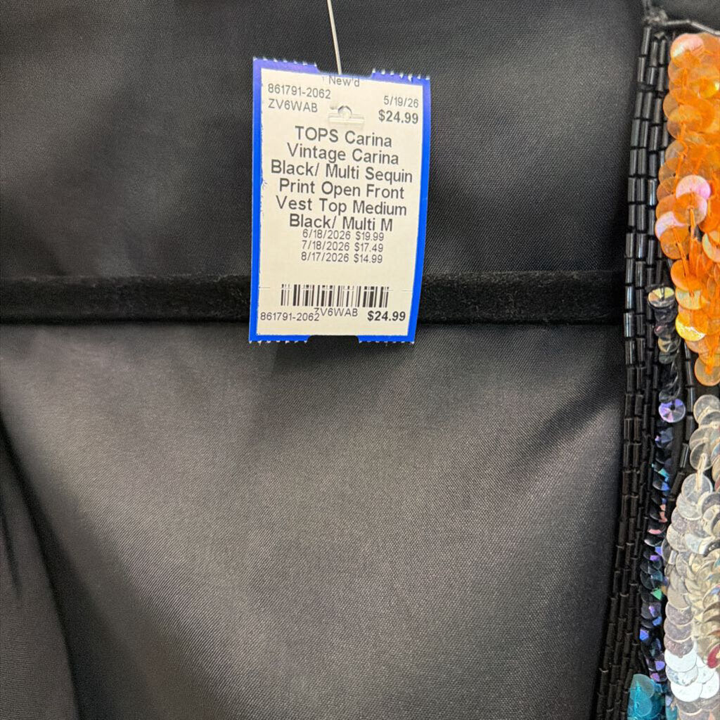 Vintage Carina Black/ Multi Sequin Print Open Front Vest Top Medium