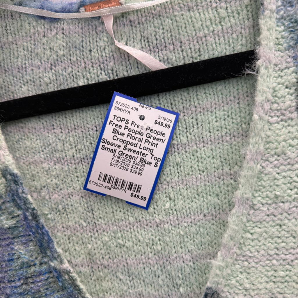 Free People Green/ Blue Floral Print Cropped Long Sleeve Sweater Top Small