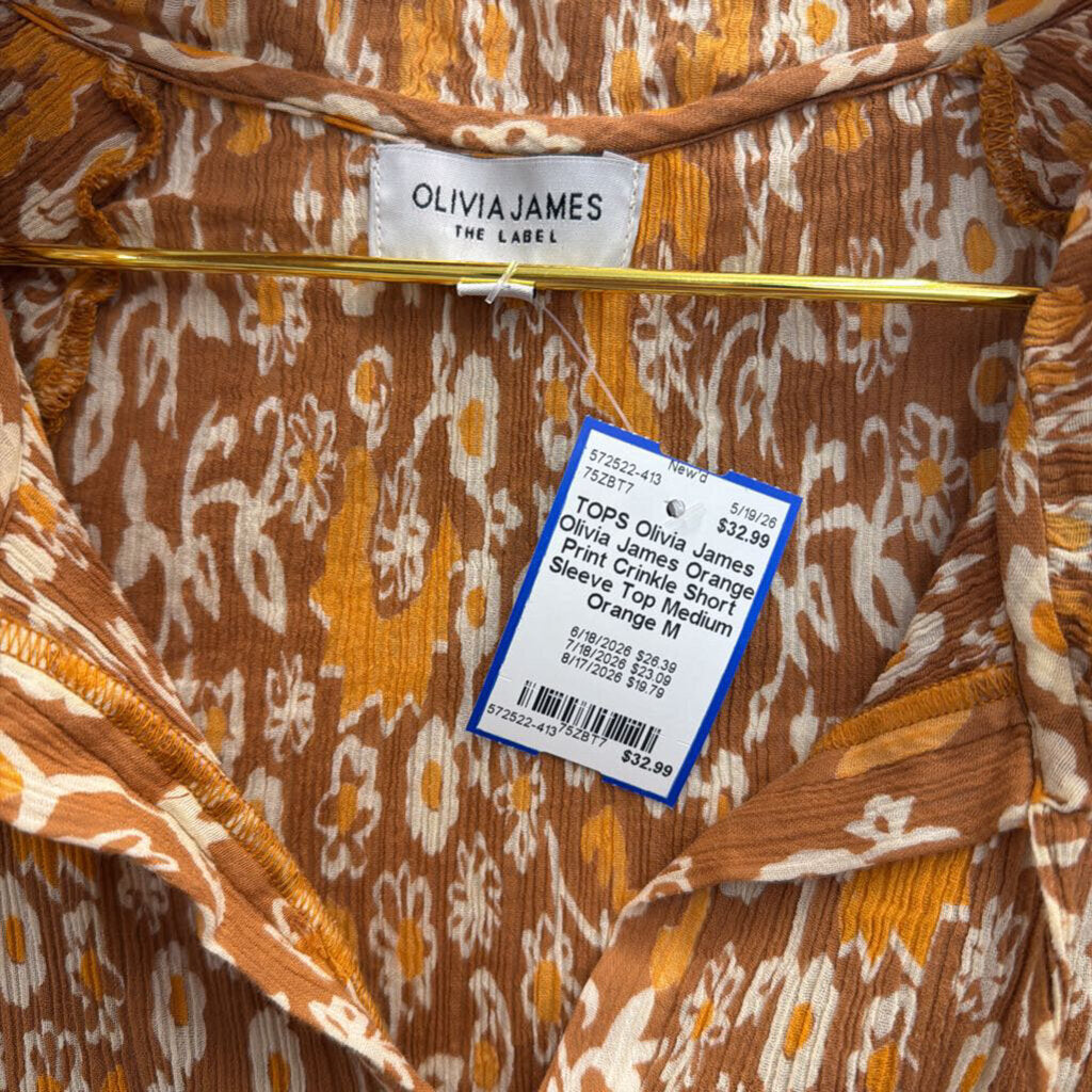 Olivia James Orange Print Crinkle Short Sleeve Top Medium