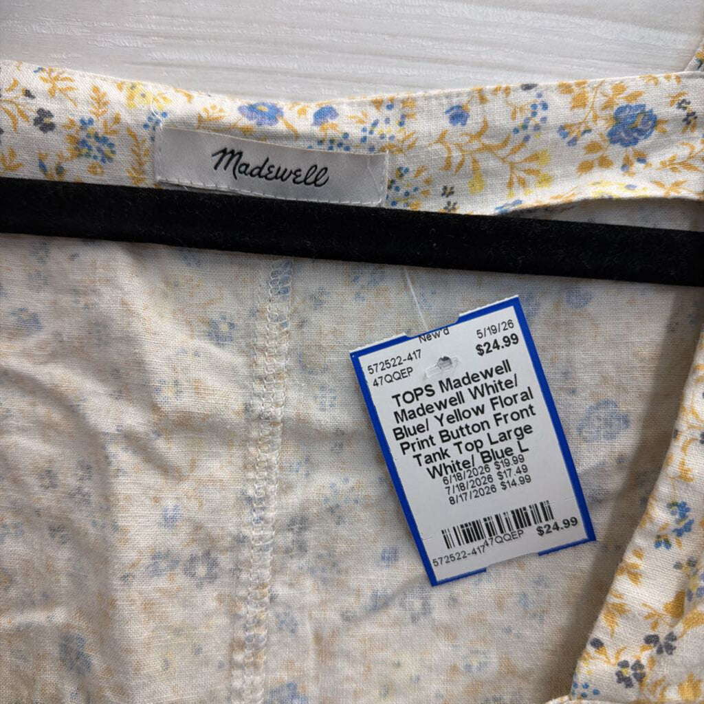 Madewell White/ Blue/ Yellow Floral Print Button Front Tank Top Large