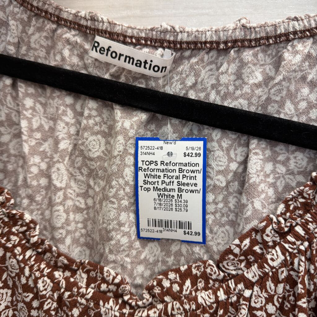 Reformation Brown/ White Floral Print Short Puff Sleeve Top Medium