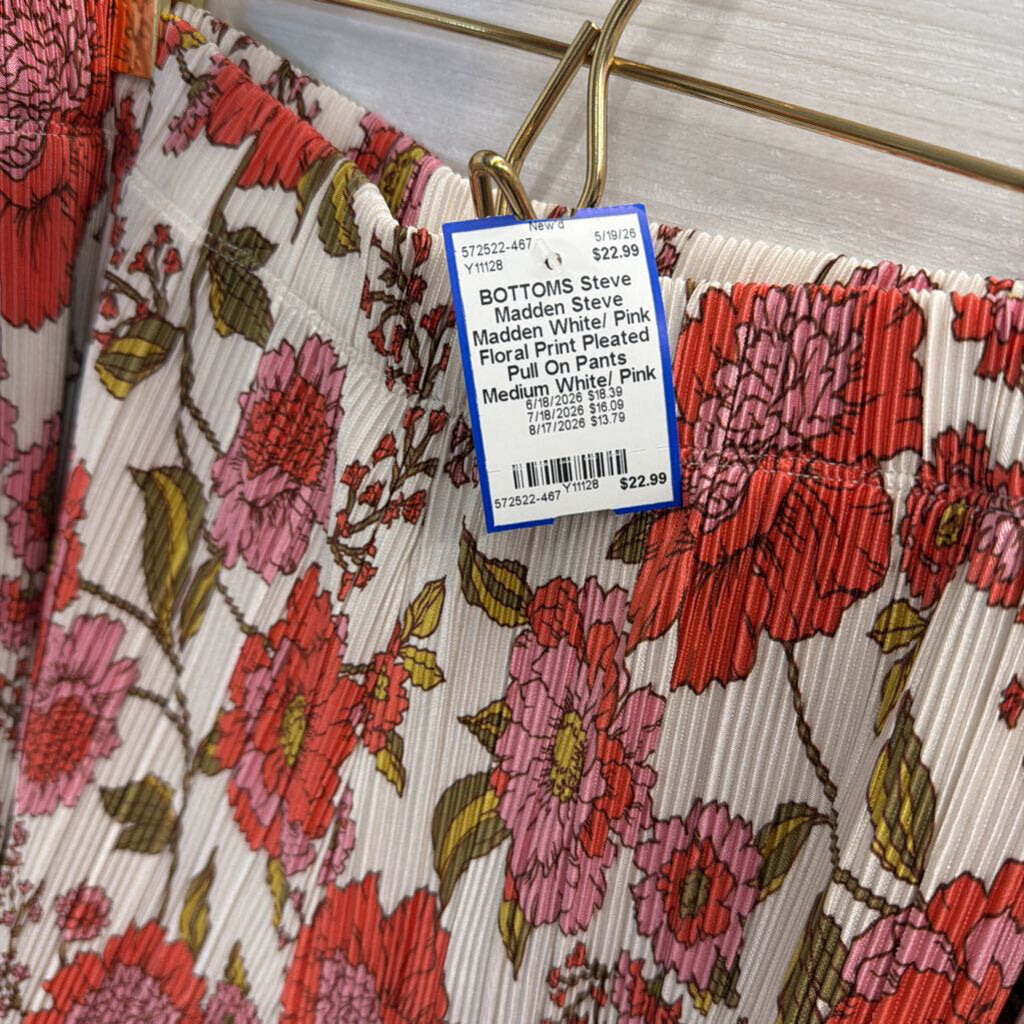 Steve Madden White/ Pink Floral Print Pleated Pull On Pants Medium