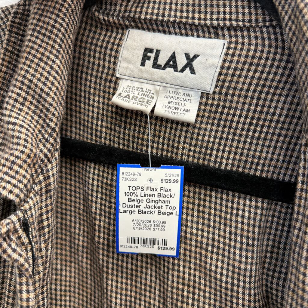Flax 100% Linen Black/ Beige Gingham Duster Jacket Top Large