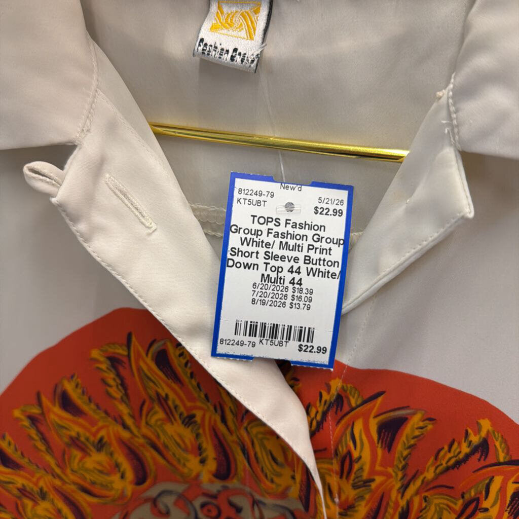 Fashion Group White/ Multi Print Short Sleeve Button Down Top 44