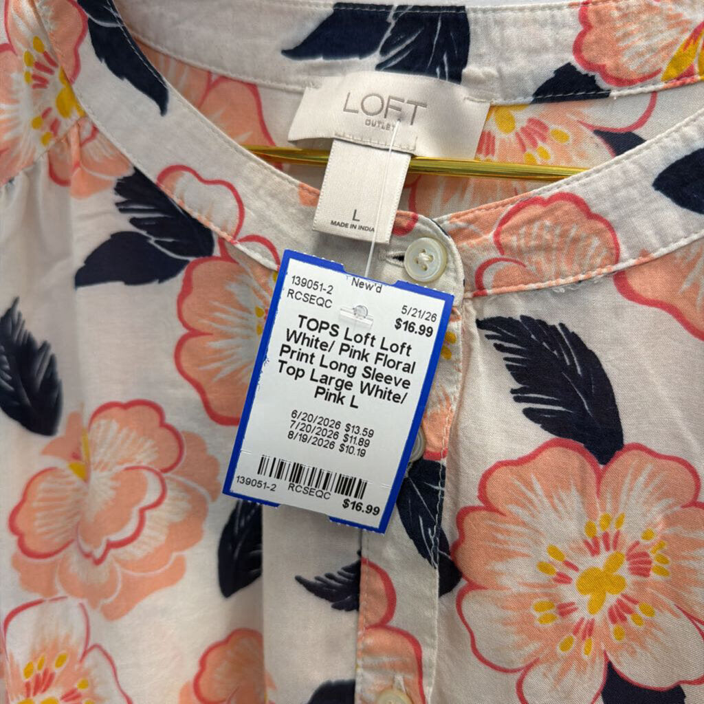 Loft White/ Pink Floral Print Long Sleeve Top Large
