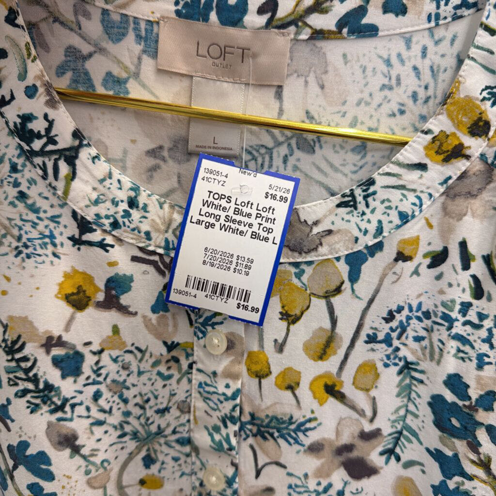 Loft White/ Blue Print Long Sleeve Top Large