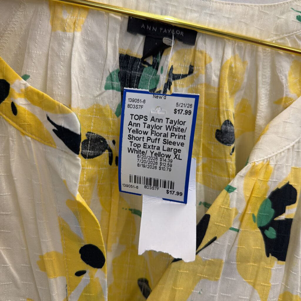 Ann Taylor White/ Yellow Floral Print Short Puff Sleeve Top Extra Large