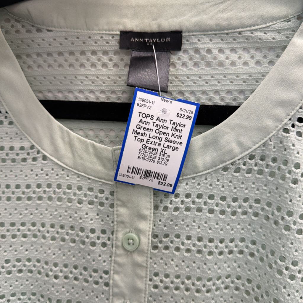 Ann Taylor Mint Green Open Knit Mesh Long Sleeve Top Extra Large