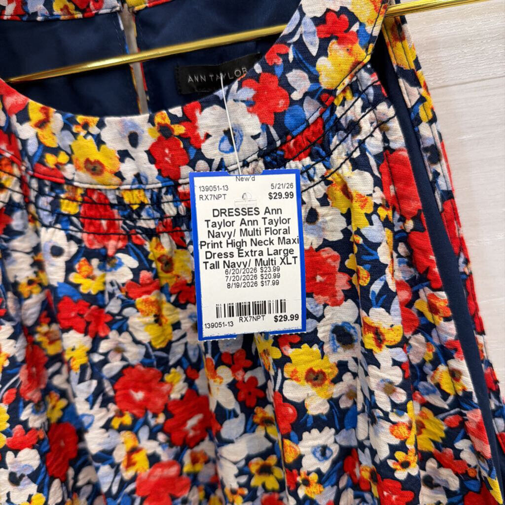 Ann Taylor Navy/ Multi Floral Print High Neck Maxi Dress Extra Large Tall