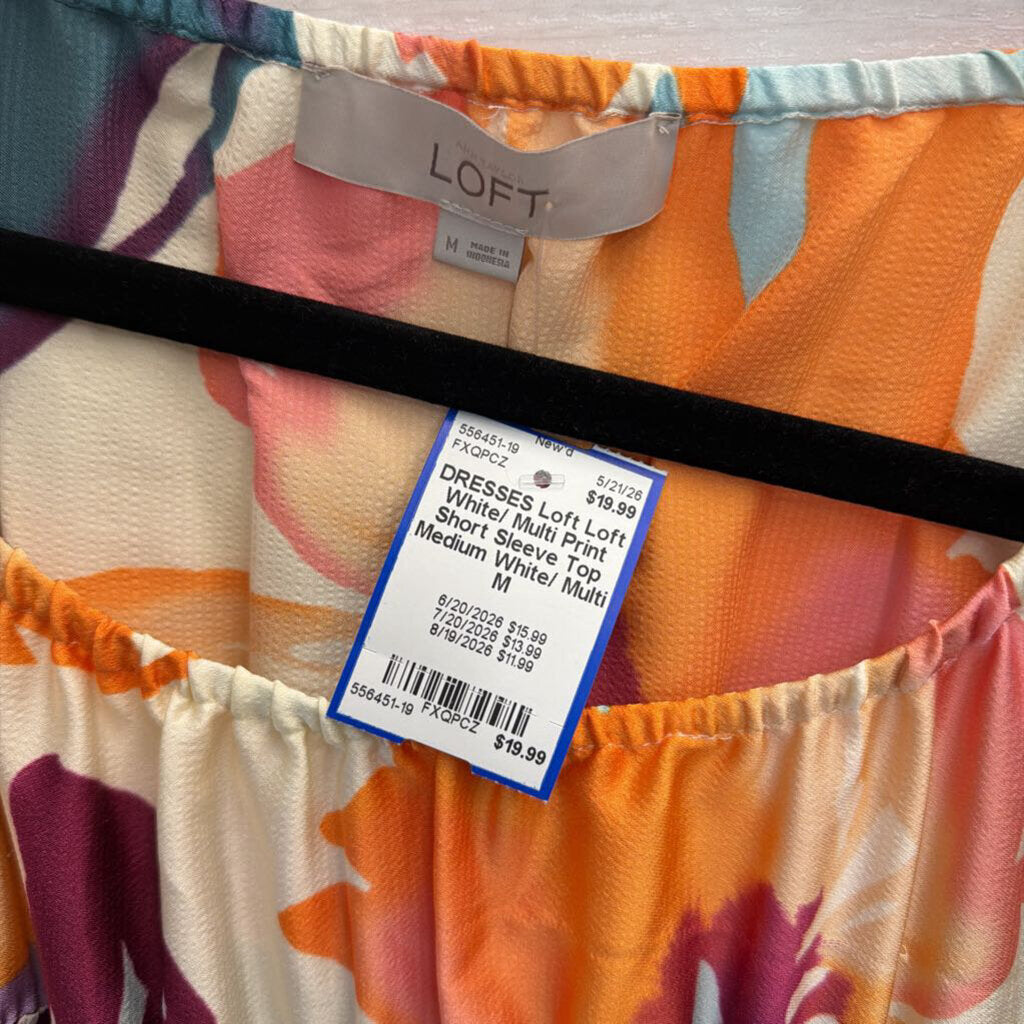 Loft White/ Multi Print Short Sleeve Top Medium
