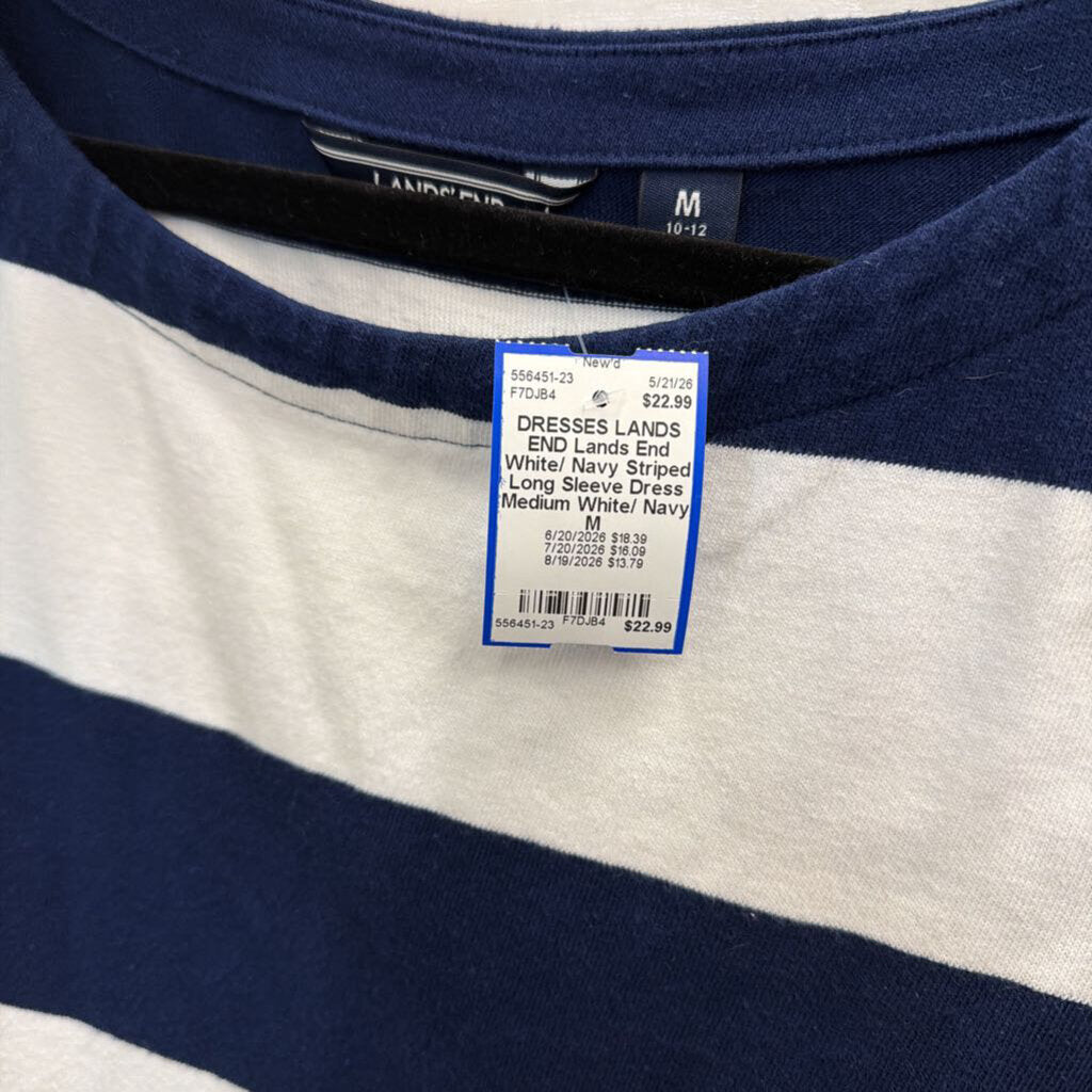 Lands End White/ Navy Striped Long Sleeve Dress Medium