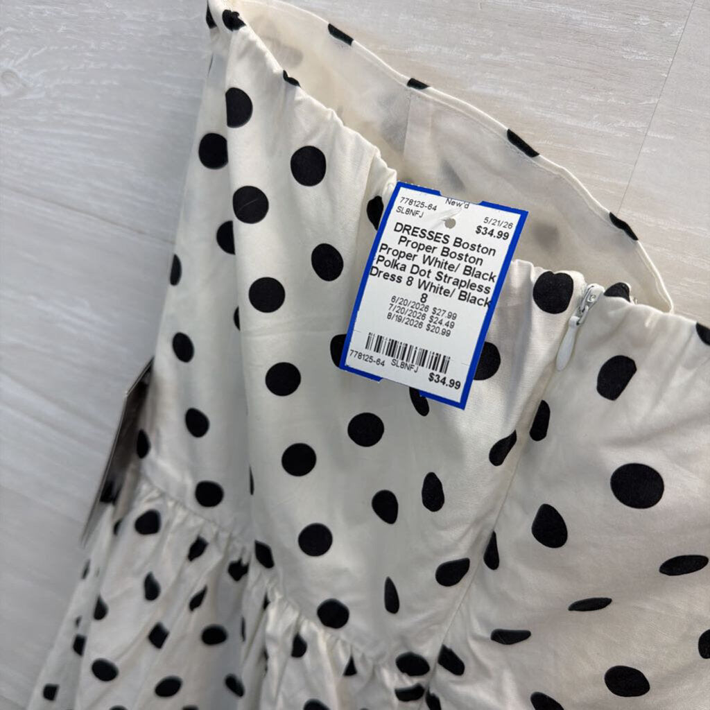 Boston Proper White/ Black Polka Dot Strapless Dress 8