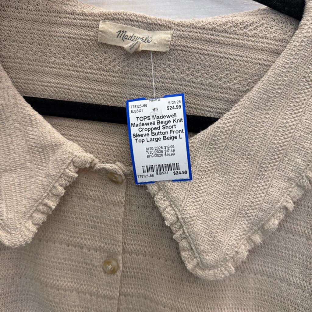 Madewell Beige Knit Cropped Short Sleeve Button Front Top Large