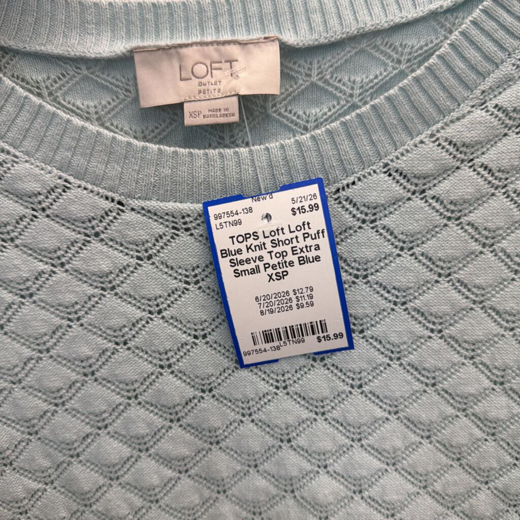 Loft Blue Knit Short Puff Sleeve Top Extra Small Petite