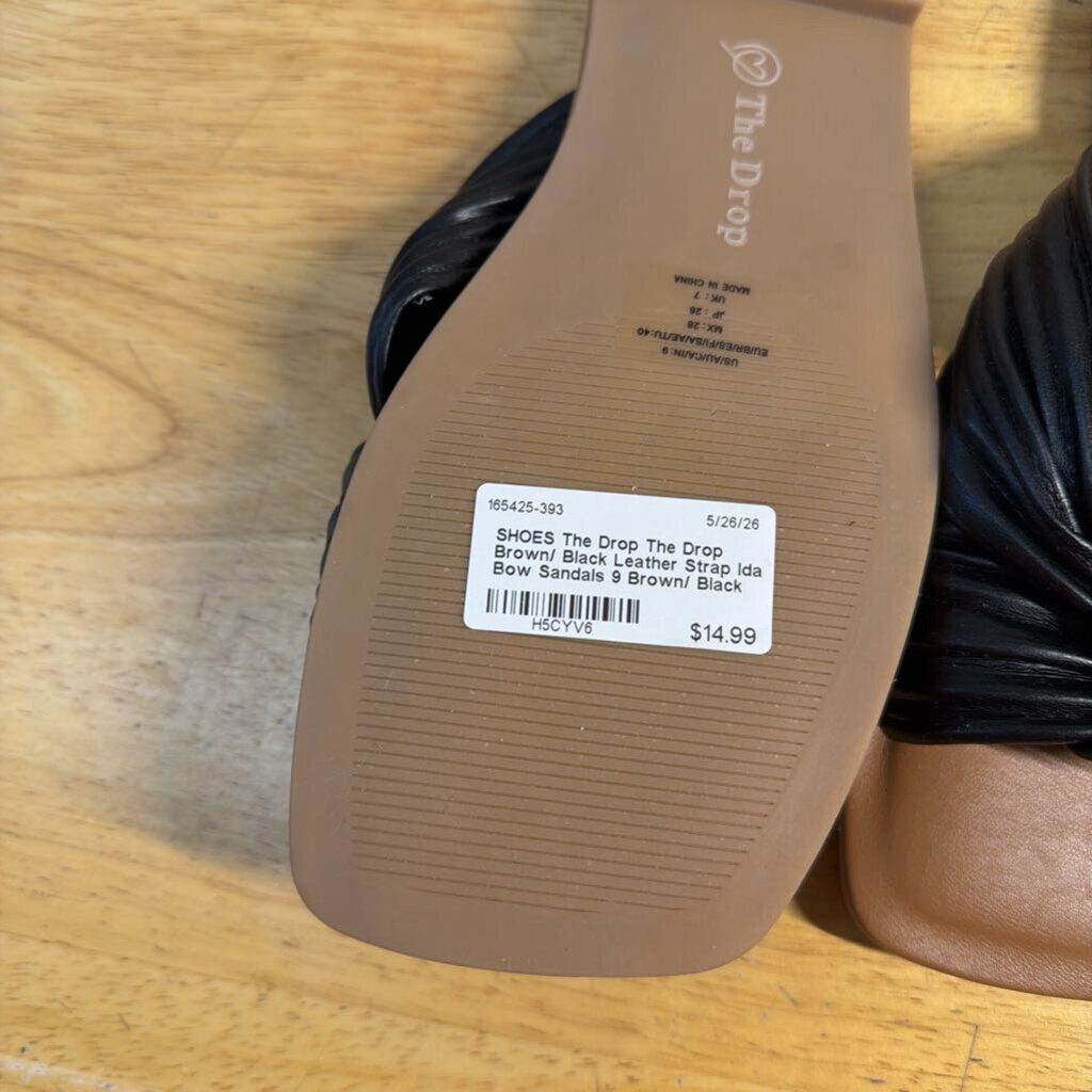 The Drop Brown/ Black Leather Strap Ida Bow Sandals 9
