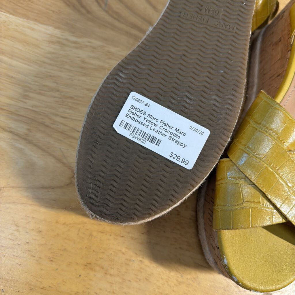 Marc Fisher Yellow Crocodile Embossed Leather Strappy Platform Sandals 6.5