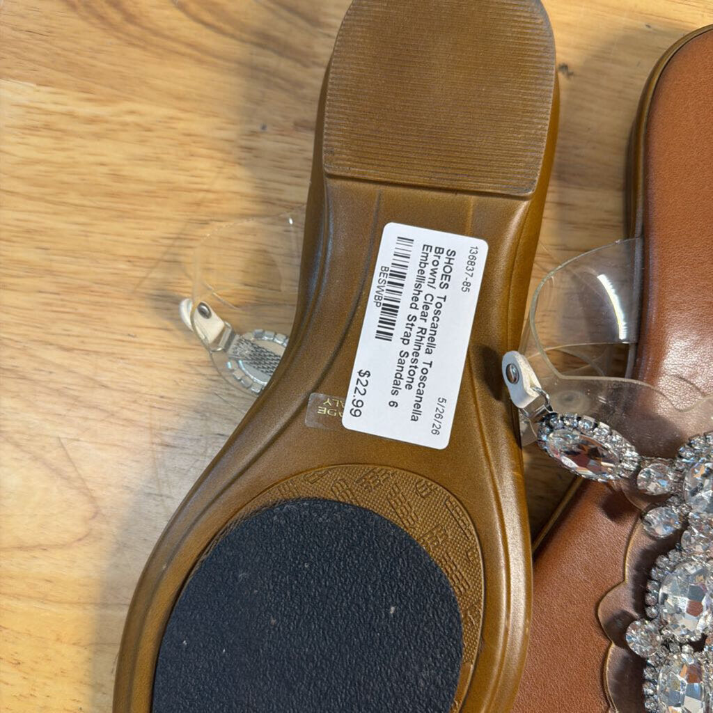 Toscanella Brown/ Clear Rhinestone Embellished Strap Sandals 6