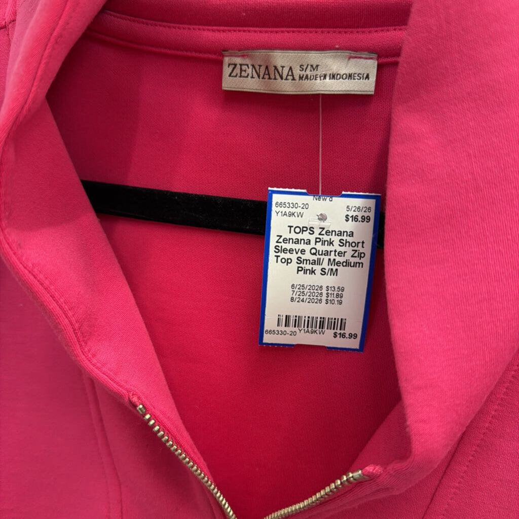 Zenana Pink Short Sleeve Quarter Zip Top Small/ Medium