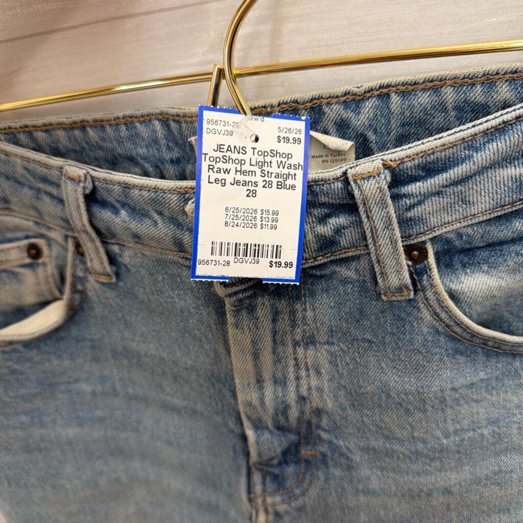 TopShop Light Wash Raw Hem Straight Leg Jeans 28
