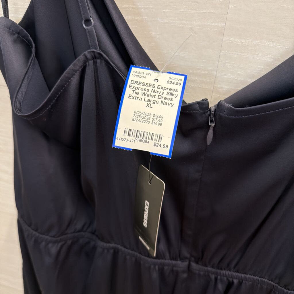 Express Navy Silky Tie Waist Dress Extra Large
