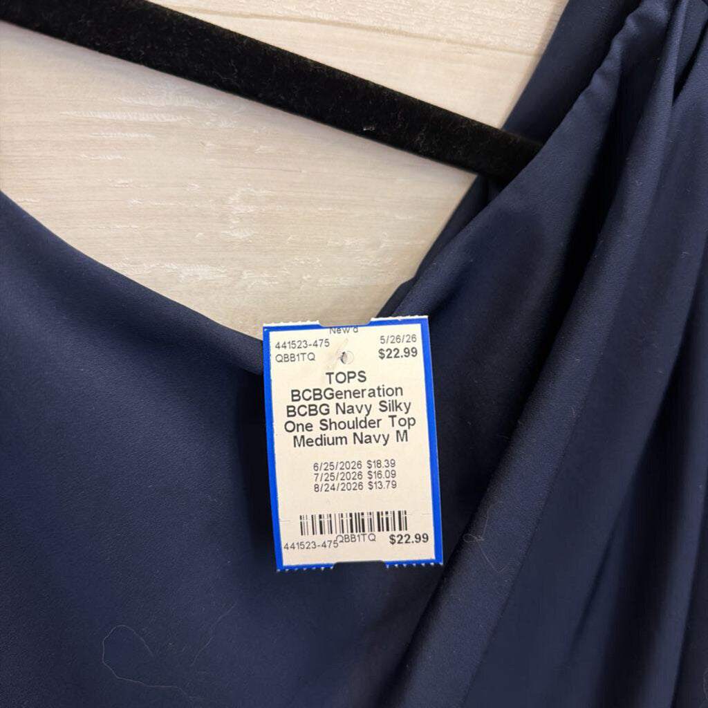 BCBG Navy Silky One Shoulder Top Medium