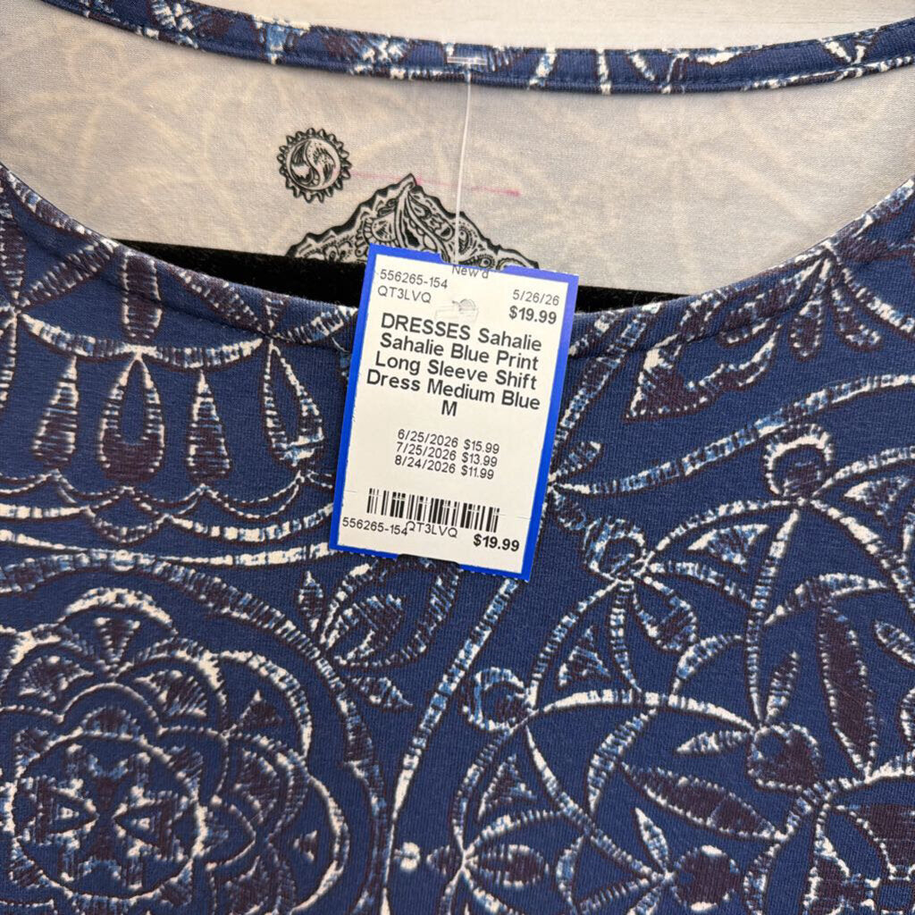 Sahalie Blue Print Long Sleeve Shift Dress Medium