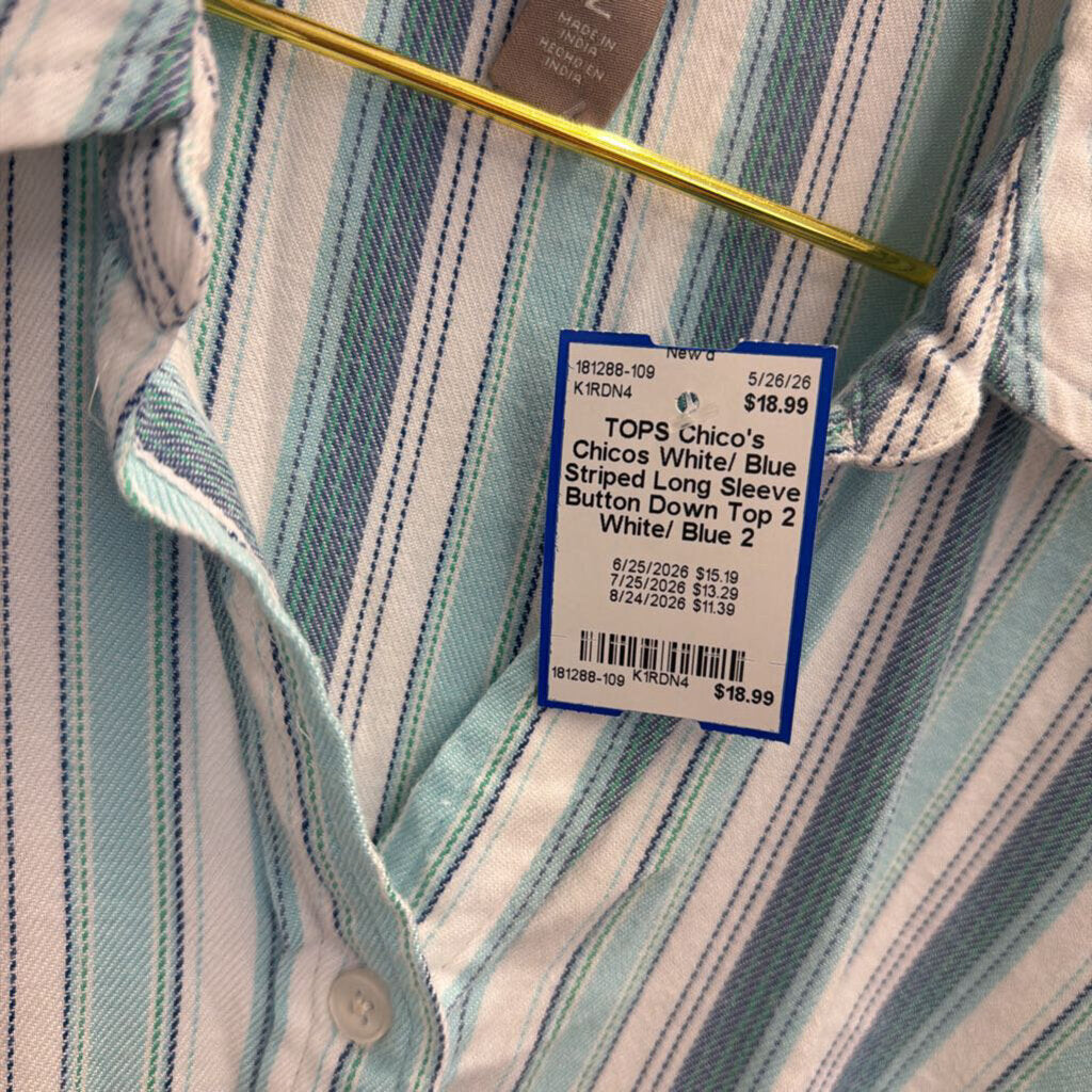 Chicos White/ Blue Striped Long Sleeve Button Down Top 2