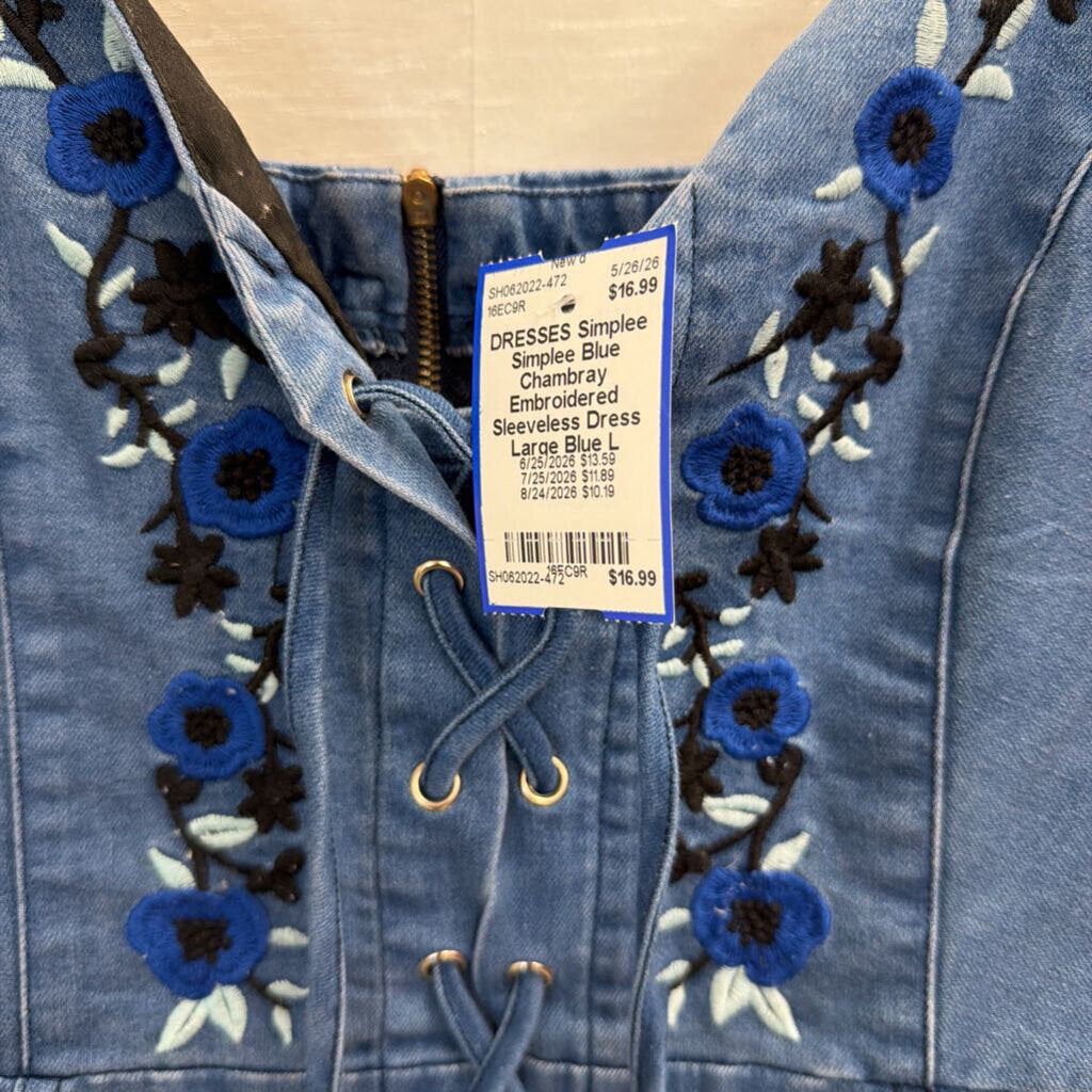 Simplee Blue Chambray Embroidered Sleeveless Dress Large