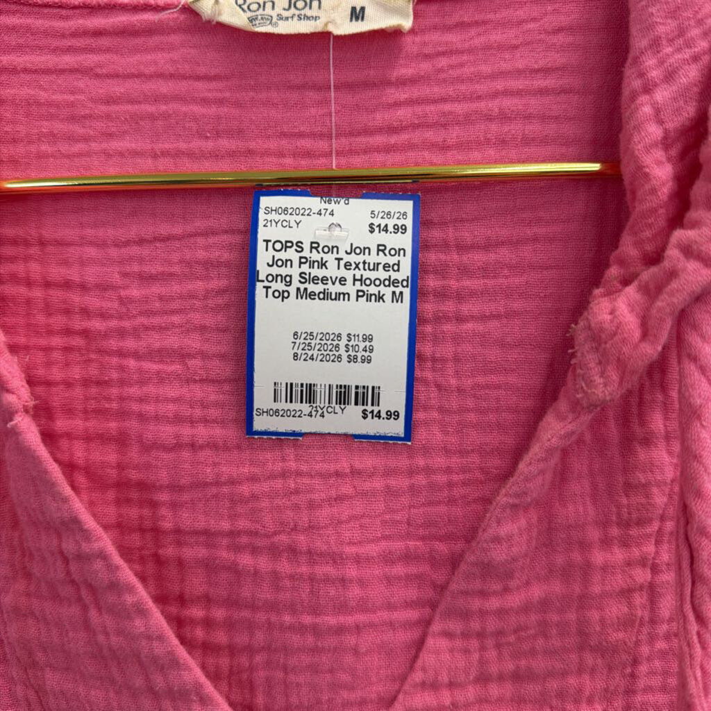Ron Jon Pink Textured Long Sleeve Hooded Top Medium