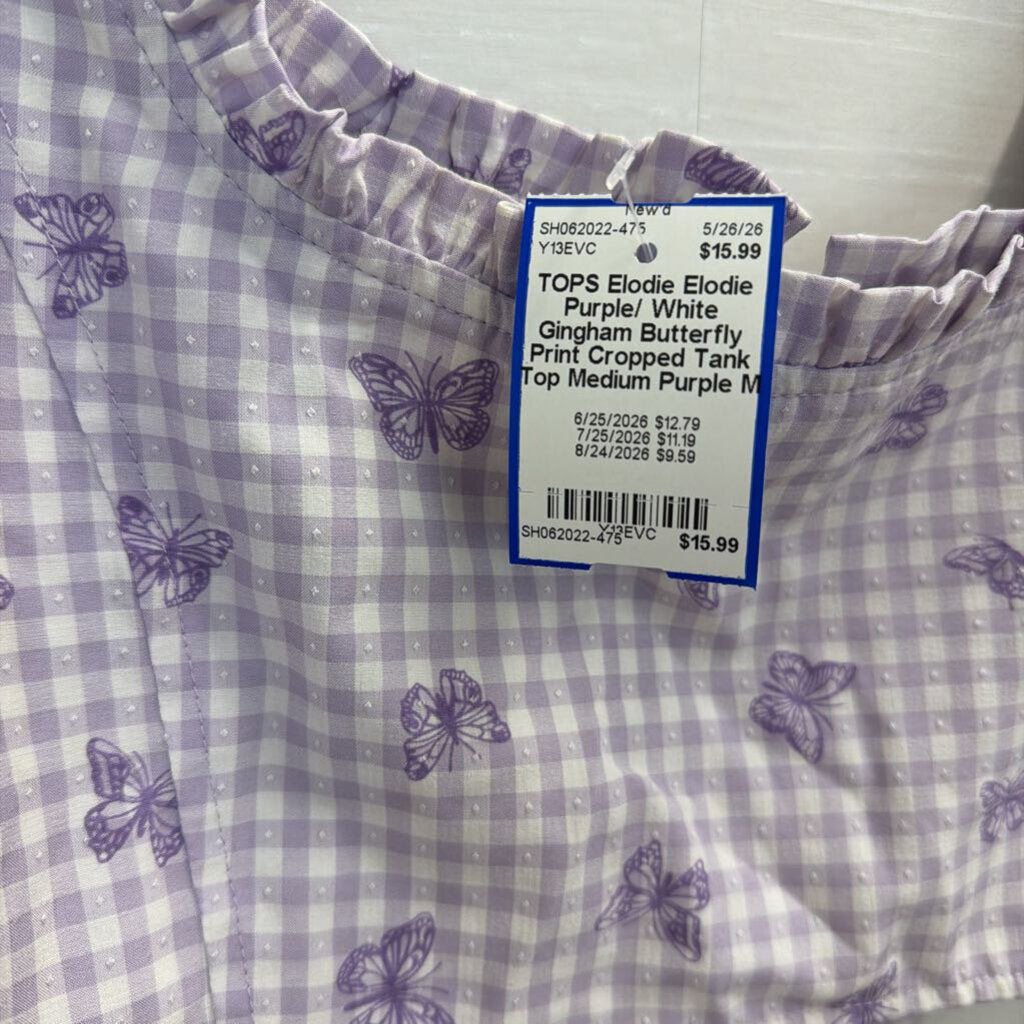 Elodie Purple/ White Gingham Butterfly Print Cropped Tank Top Medium