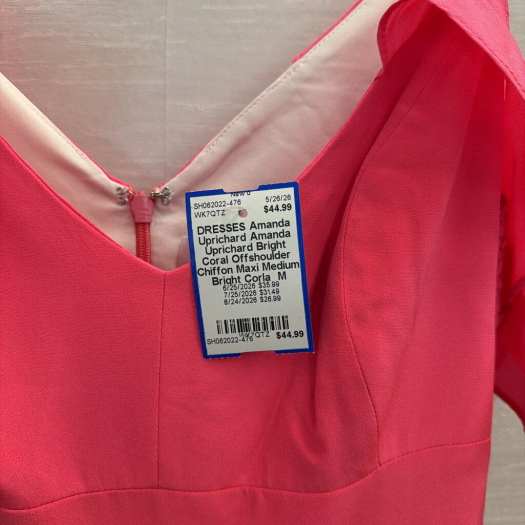 Amanda Uprichard Bright Coral Offshoulder Chiffon Maxi Medium