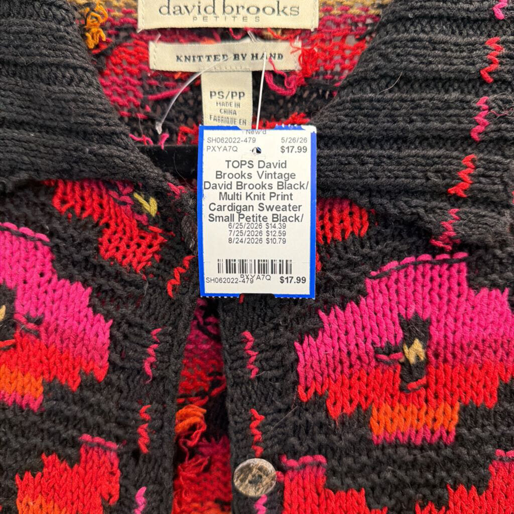 Vintage David Brooks Black/ Multi Knit Print Cardigan Sweater Small Petite