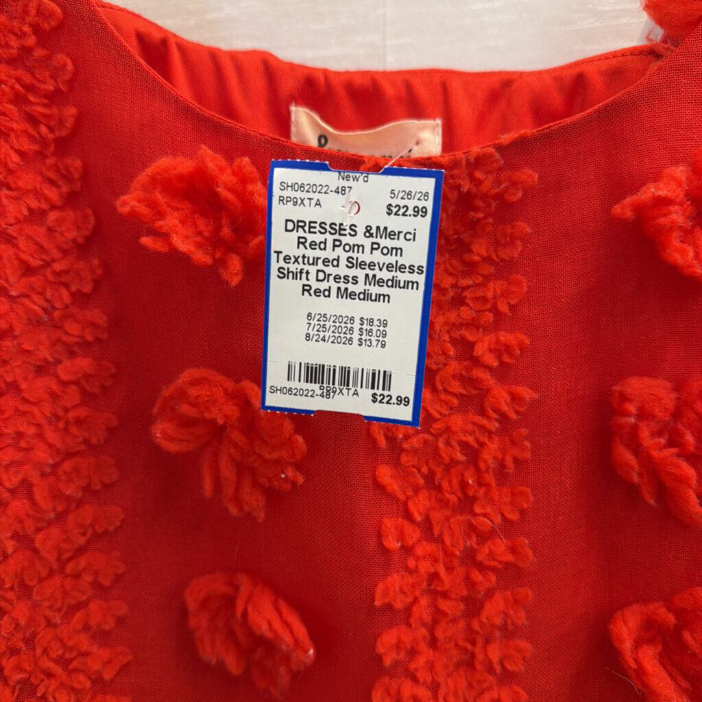 Red Pom Pom Textured Sleeveless Shift Dress Medium