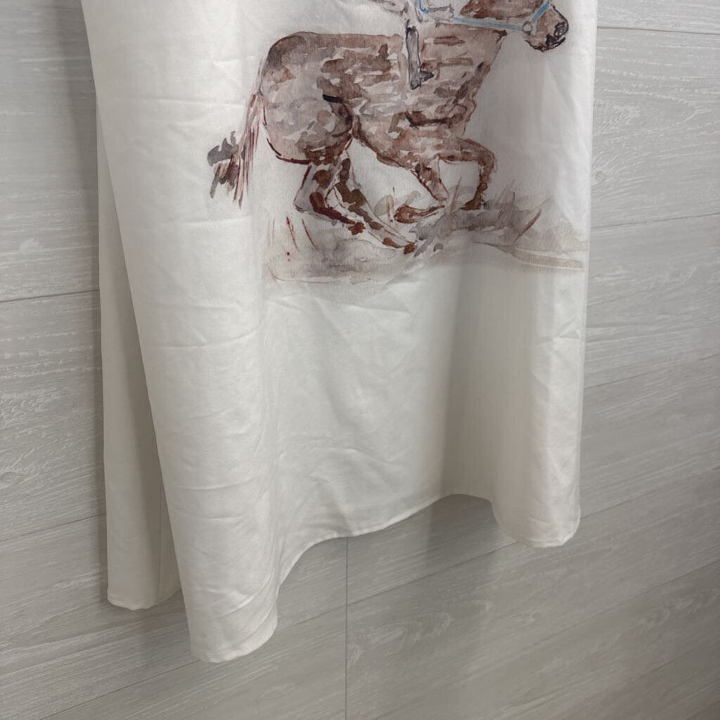 White/ Multi Horse Race Print Sleeveless Shift Dress Small