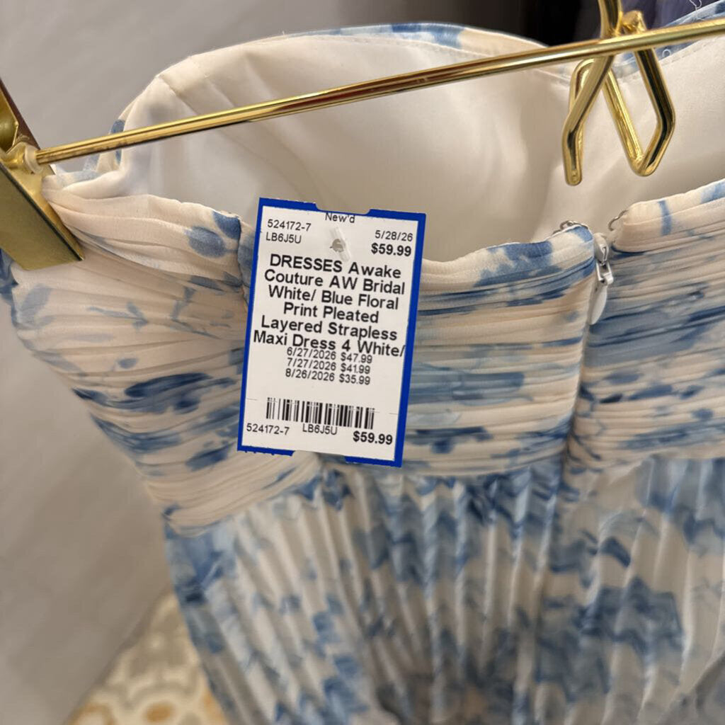 AW Bridal White/ Blue Floral Print Pleated Layered Strapless Maxi Dress 4