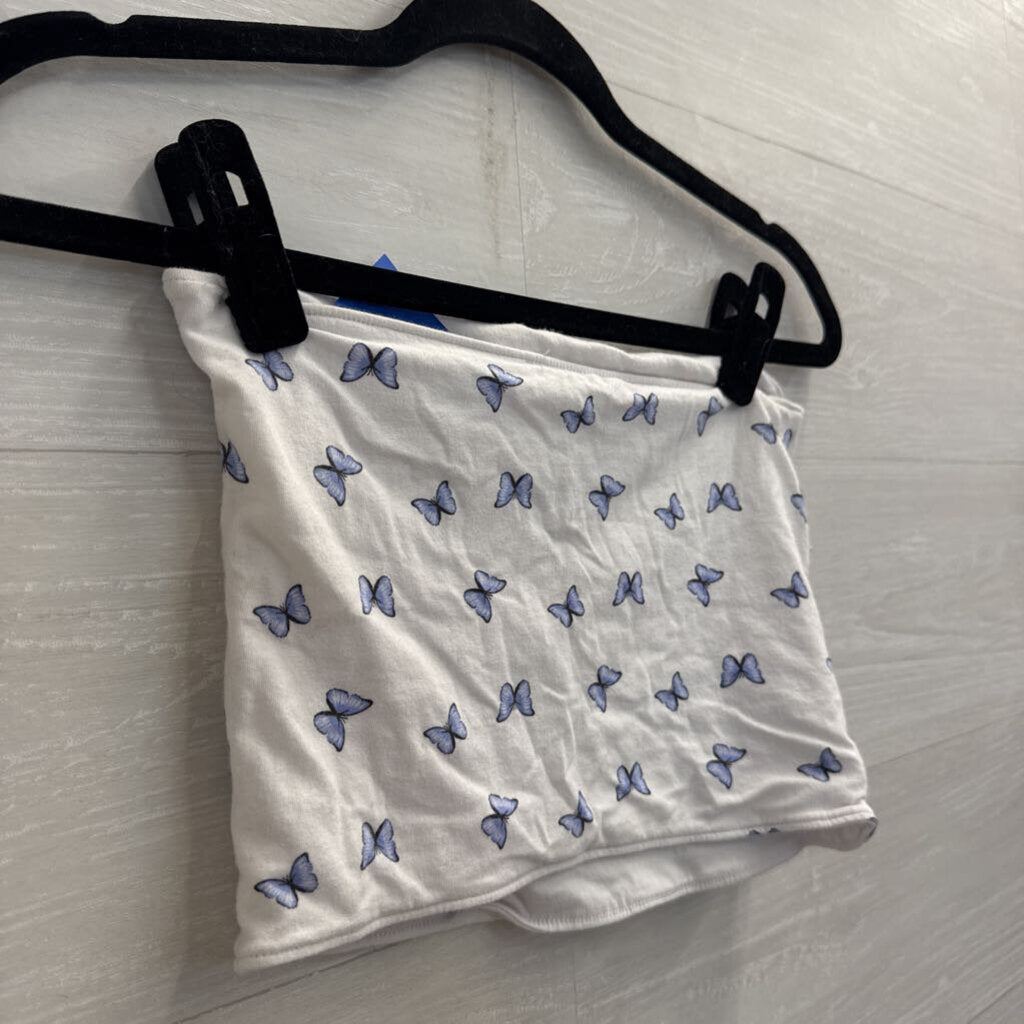 White/ Blue Butterfly Print Strapless Tube Top Medium