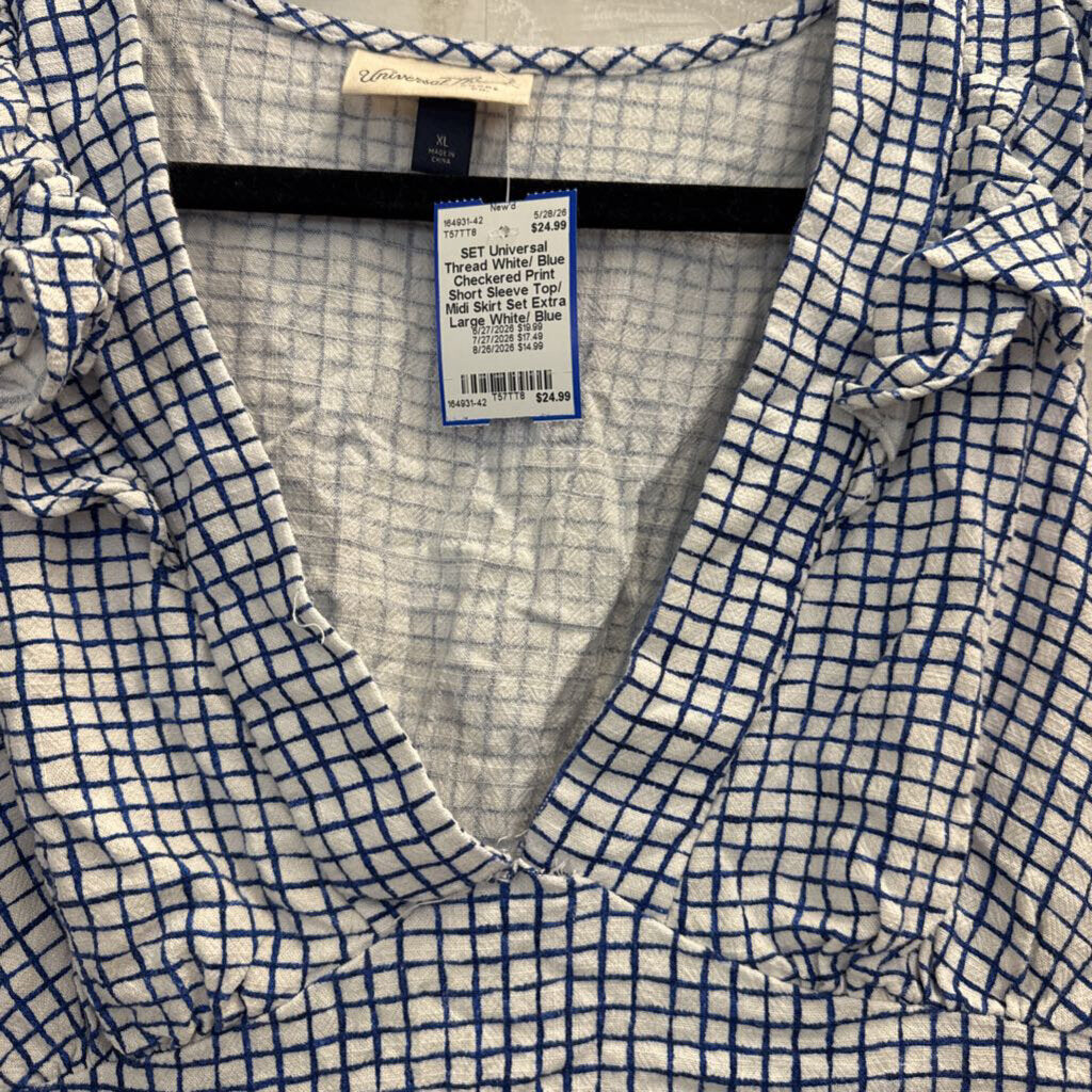 White/ Blue Checkered Print Short Sleeve Top/ Midi Skirt Set Extra Large