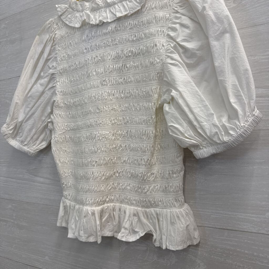 Cleobella White Smocked Short Puff Sleeve Top Large
