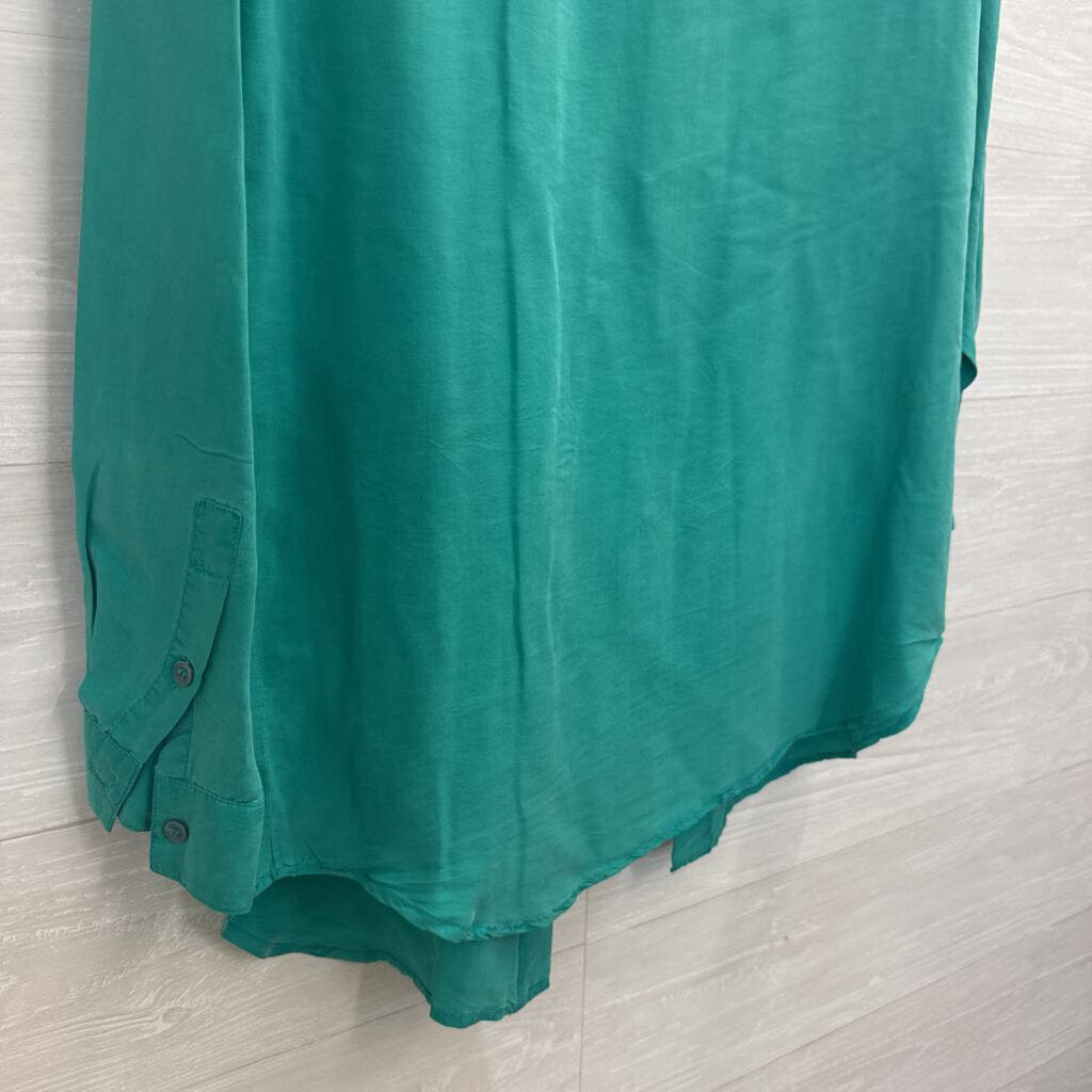 Vintage Flexible Green 100% Silk Long Sleeve Button Down Top Medium