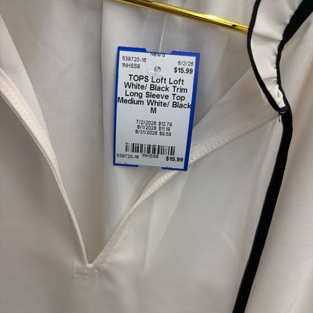 Loft White/ Black Trim Long Sleeve Top Medium