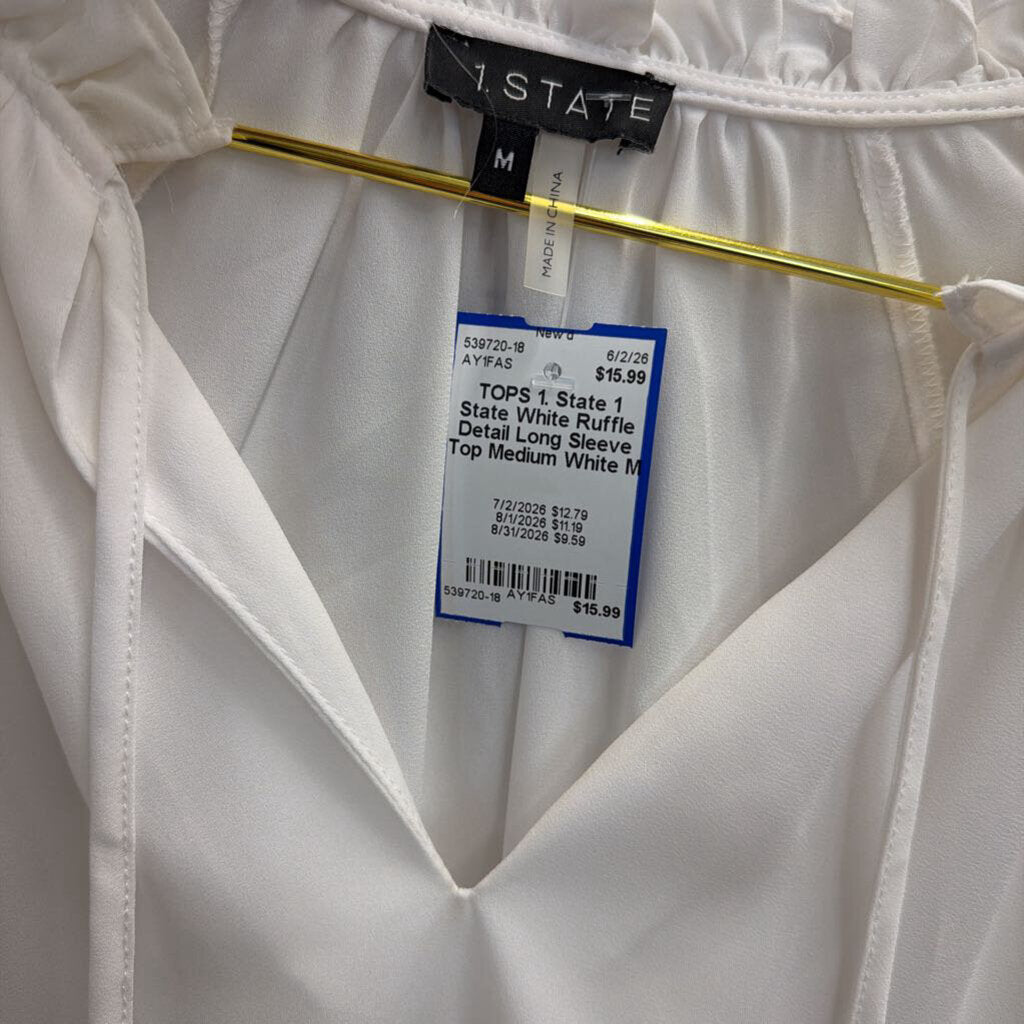 1 State White Ruffle Detail Long Sleeve Top Medium