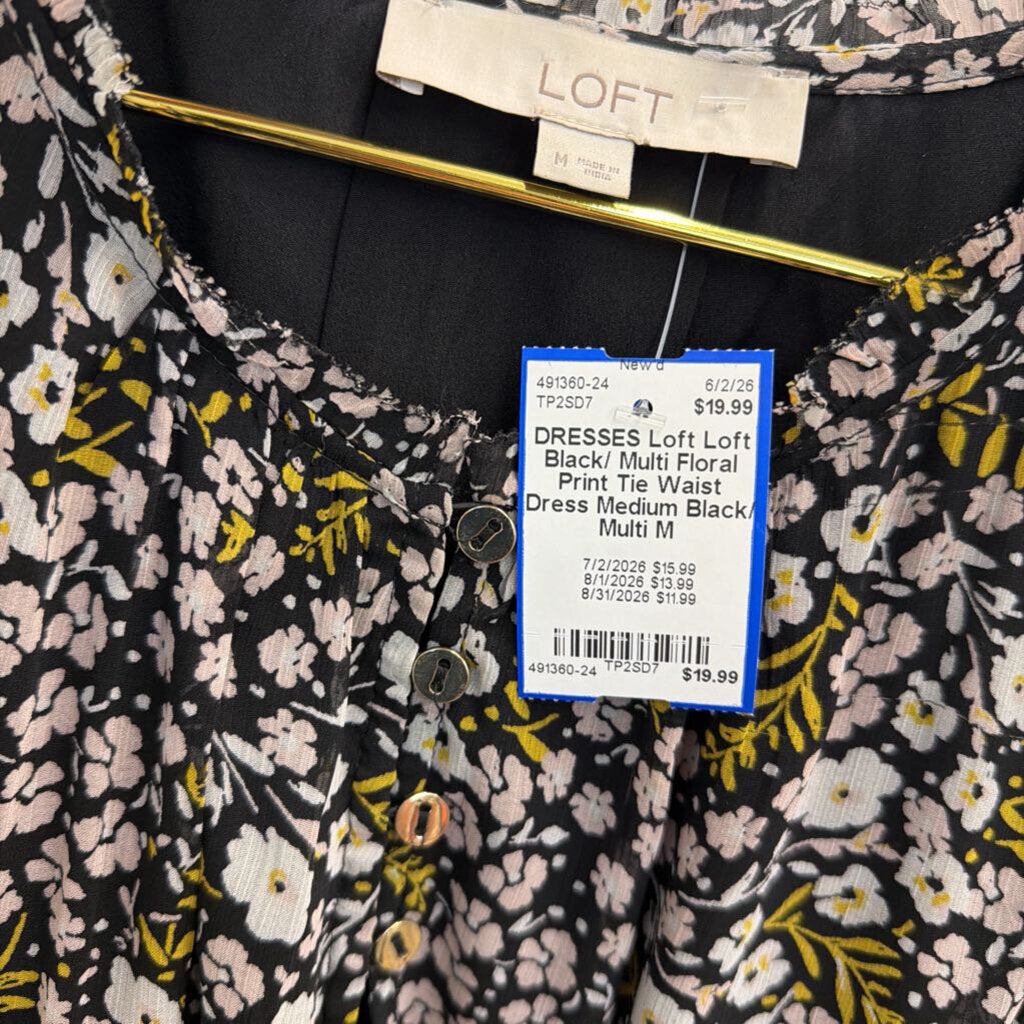 Loft Black/ Multi Floral Print Tie Waist Dress Medium
