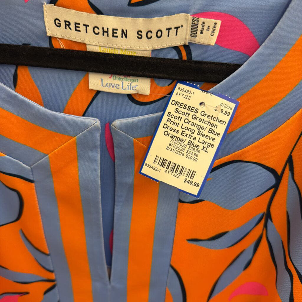 Gretchen Scott Orange/ Blue Print Long Sleeve Dress Extra Large