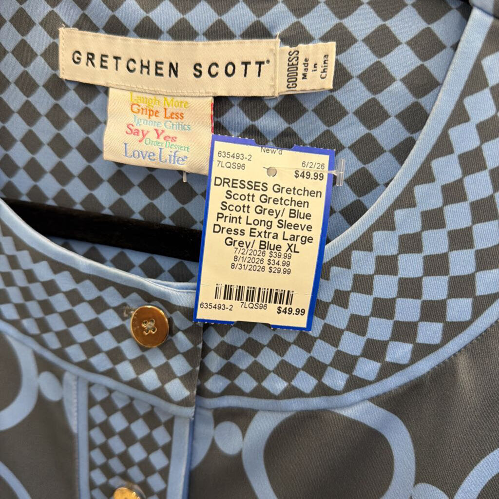 Gretchen Scott Grey/ Blue Print Long Sleeve Dress Extra Large