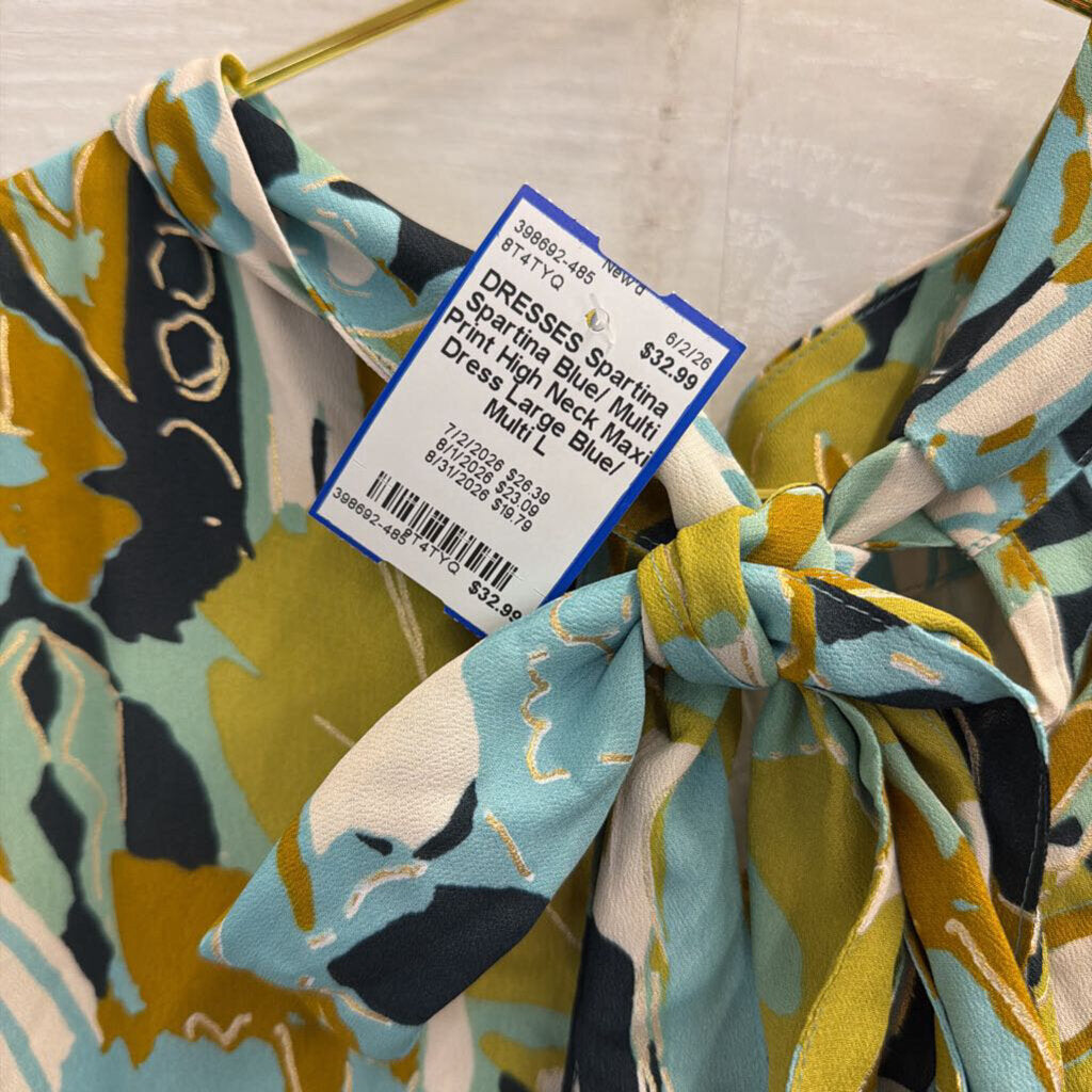 Spartina Blue/ Multi Print High Neck Maxi Dress Large
